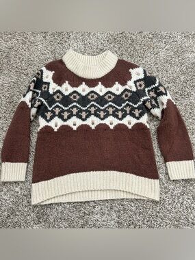 NWOT Aerie Womens Fair Isle Oversized Wool Blend Pullover Sweater Brown Size XS